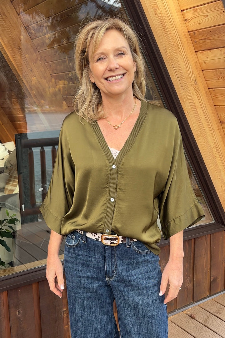 Meo Satin Button Cardi (Army Green)