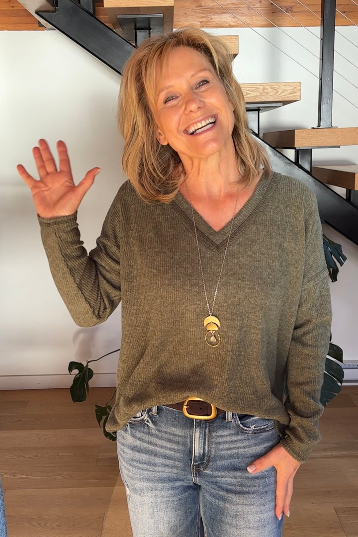 Zen Brushed V Neck Sweater (Olive)