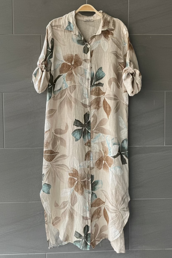 Meo Linen Foliage Cardigan Dress (Beige)
