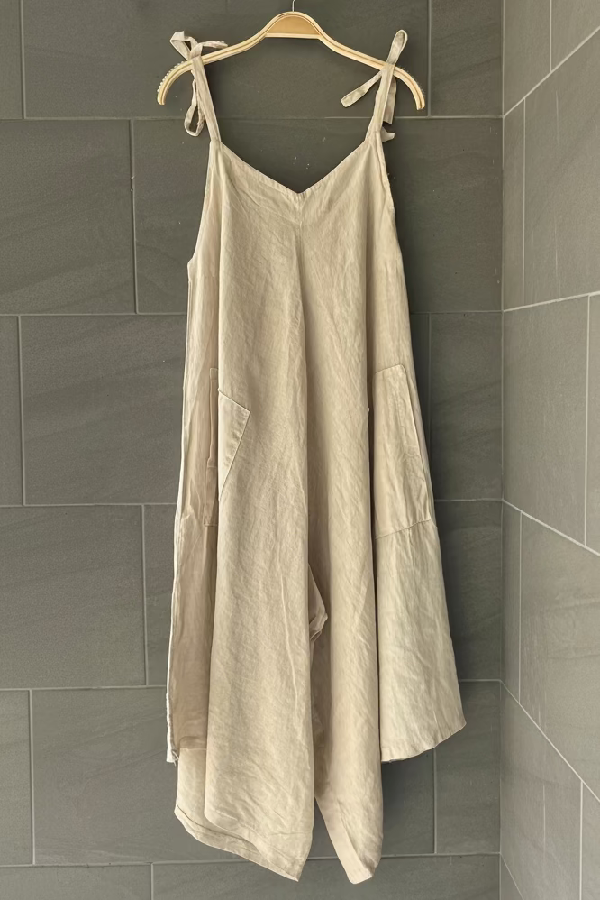 Meo Linen Oversized Wide Leg Jumpsuit (Beige)