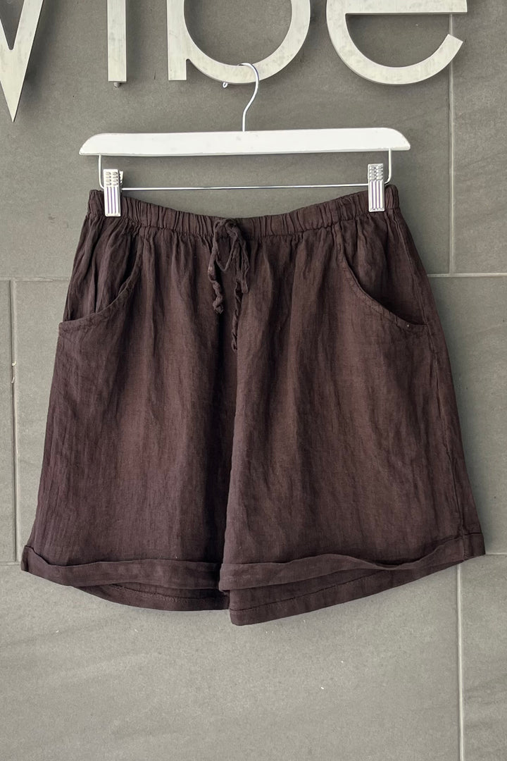 Meo Linen High Rise Shorts (Dark Brown)