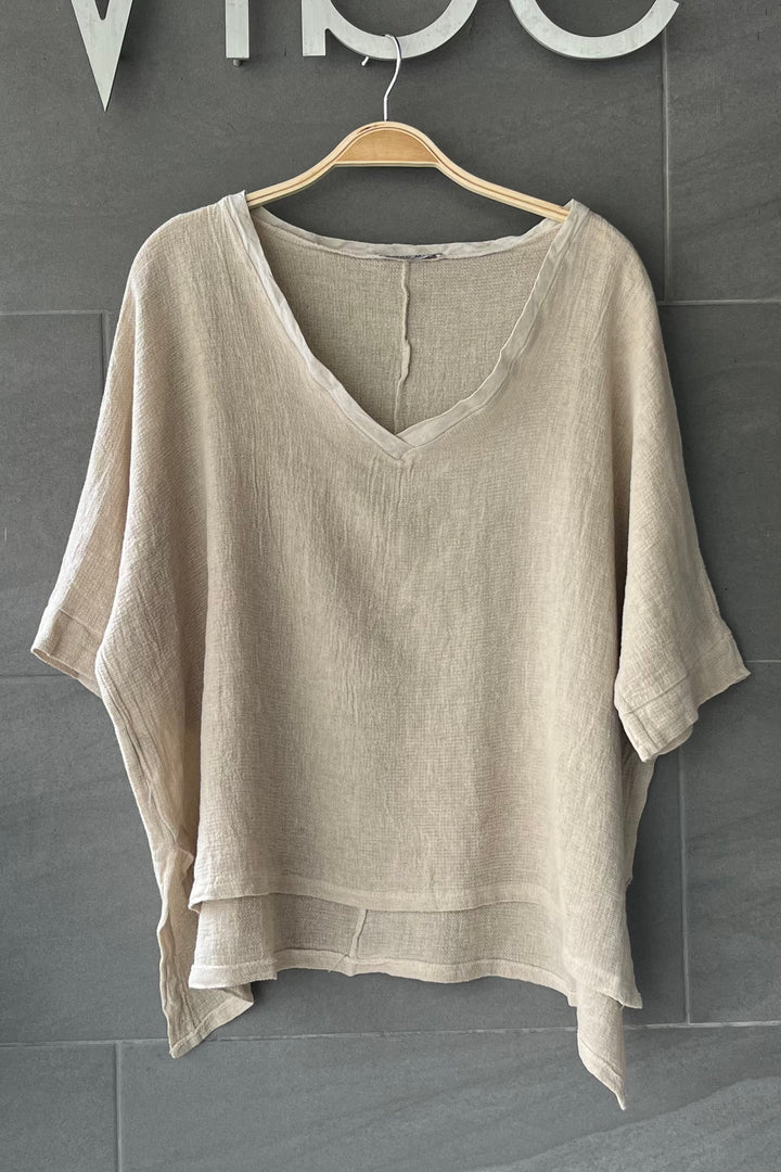 Meo Linen High-Low V Tee (Beige)