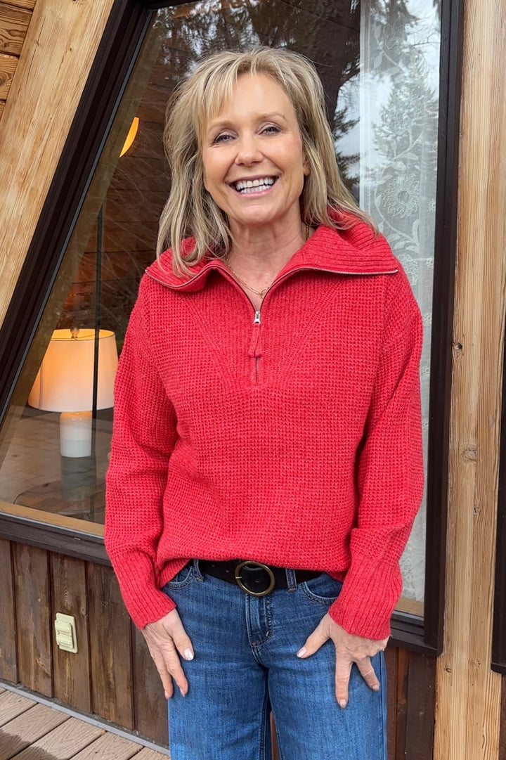 Zen Oxford Knit Zip Sweater (Ruby)