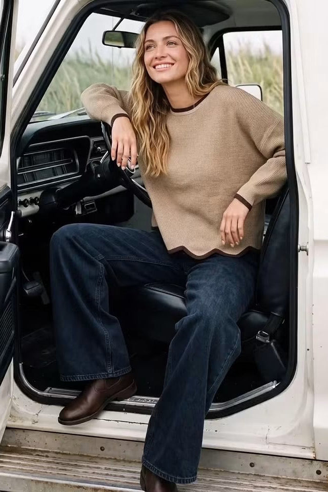 She + Sky Scalloped Knit Sweater (Light Mocha/Brown)