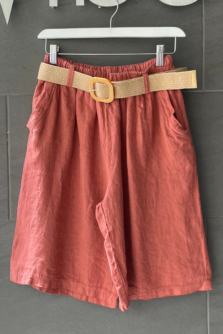 Meo Linen Belted Bermuda Shorts (Chili)
