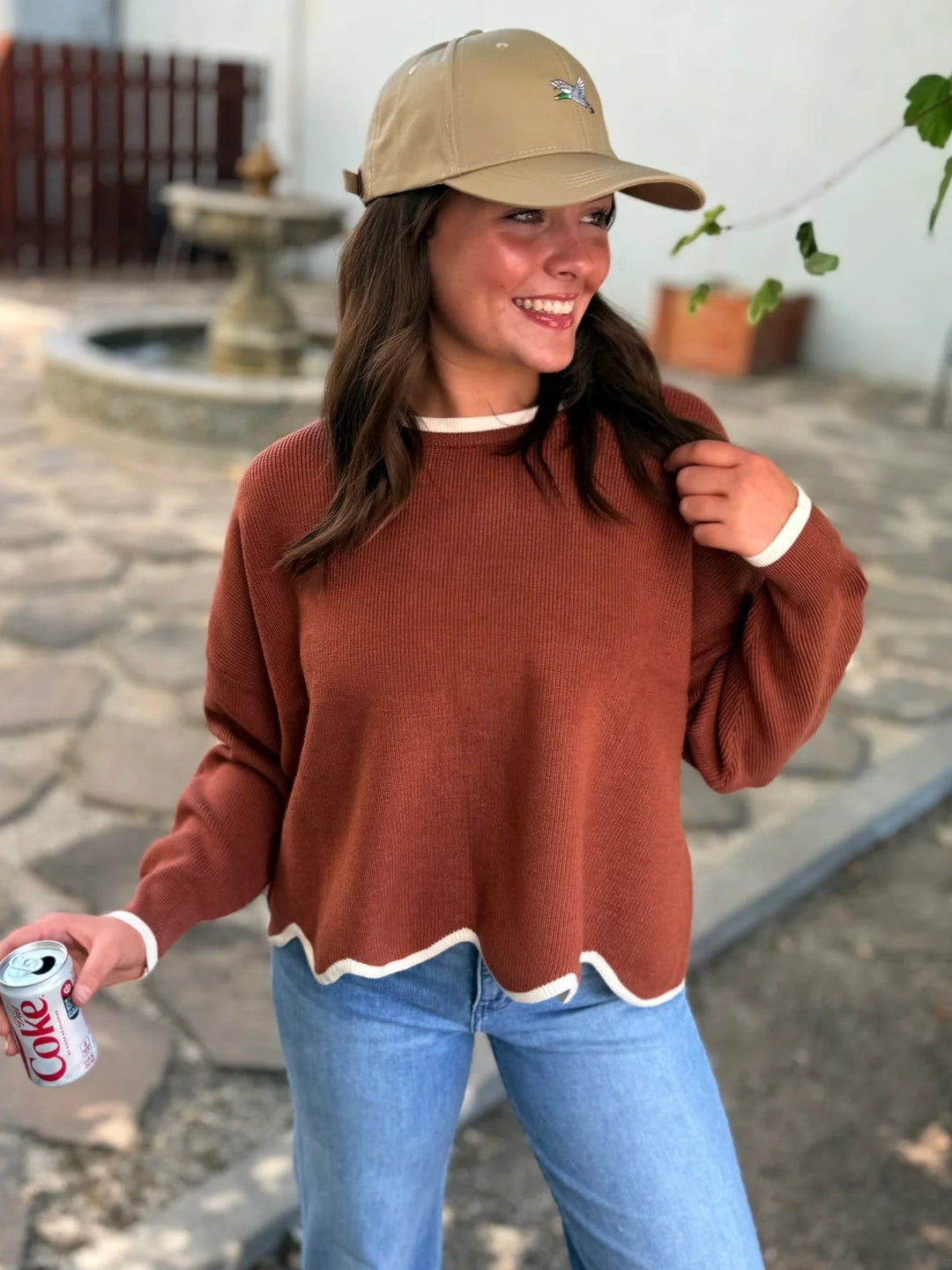 She + Sky Scalloped Knit Sweater (Cinnamon/Cream)