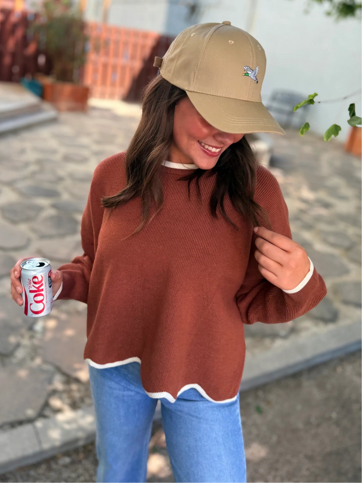 She + Sky Scalloped Knit Sweater (Cinnamon/Cream)