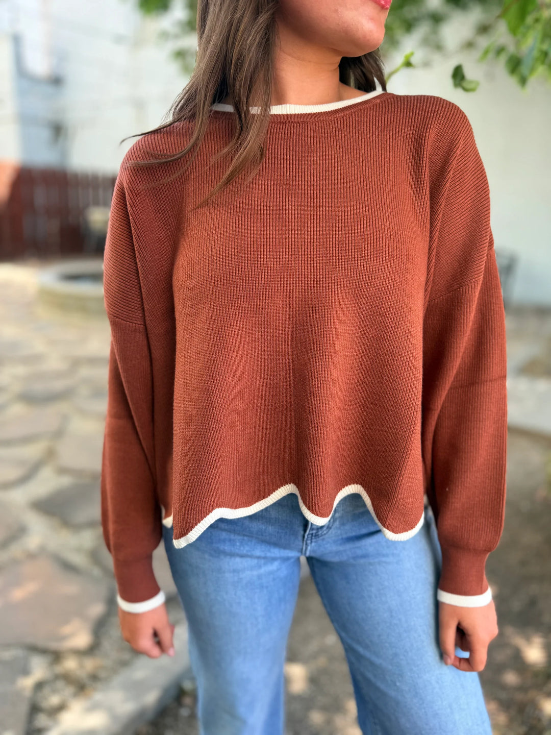 She + Sky Scalloped Knit Sweater (Cinnamon/Cream)