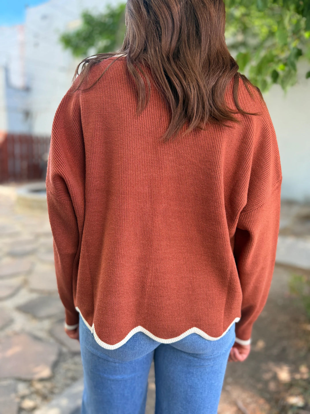 She + Sky Scalloped Knit Sweater (Cinnamon/Cream)