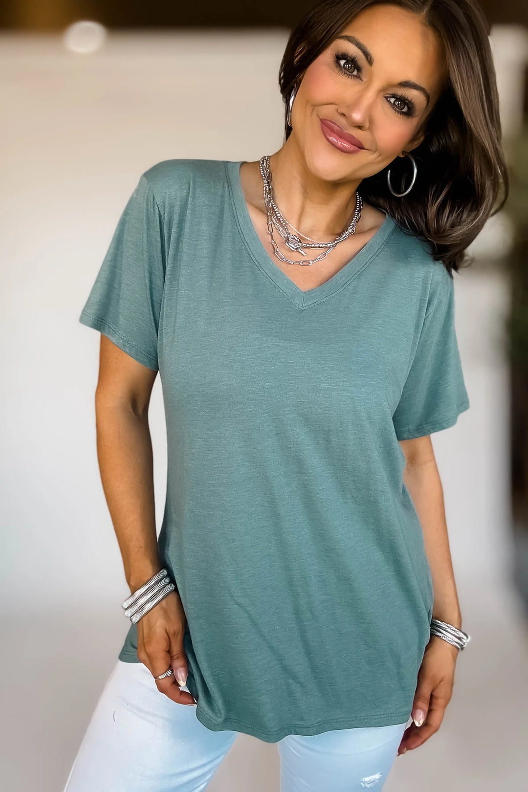 Zen Cotton V Neck Tee (Ash Jade)