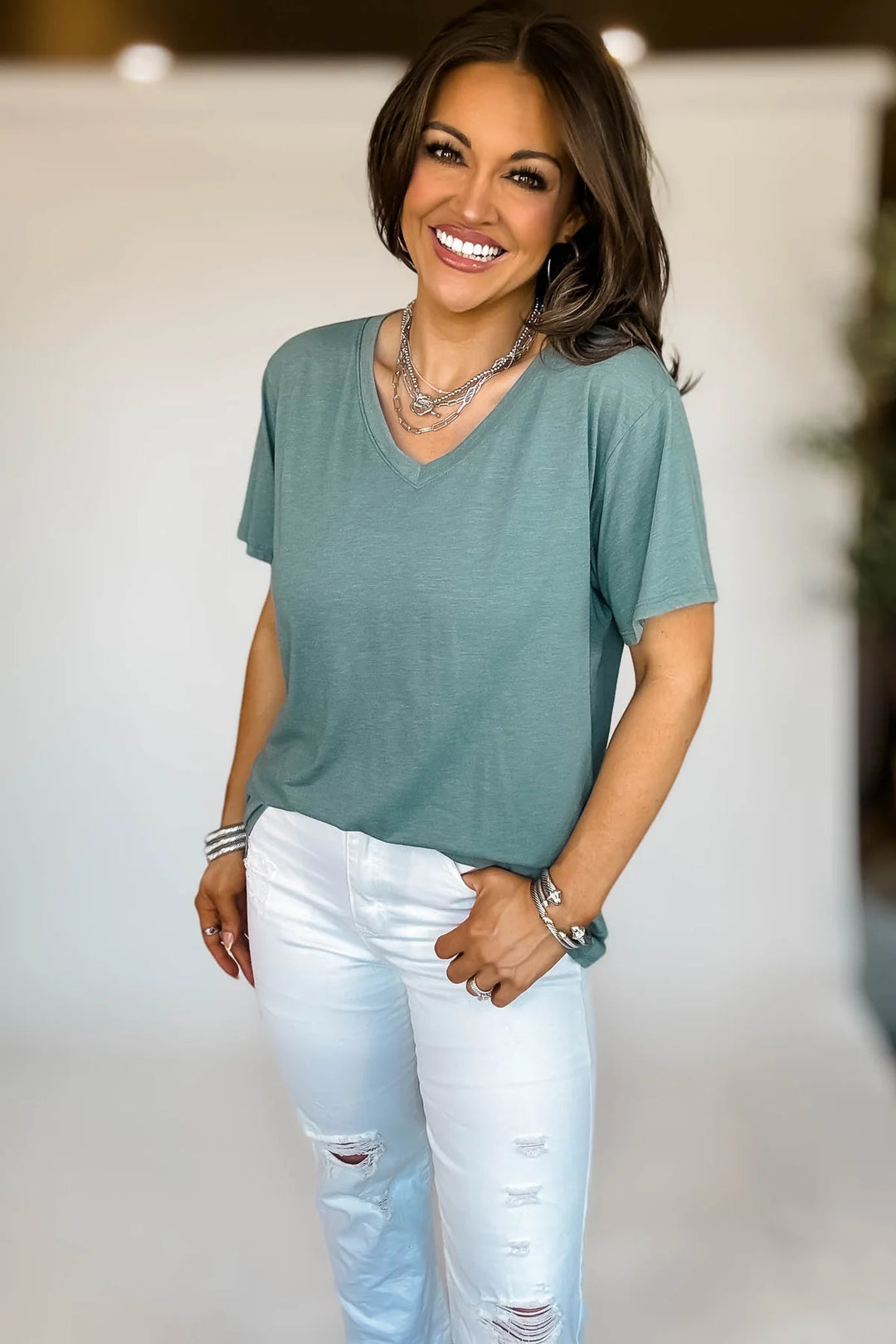 Zen Cotton V Neck Tee (Ash Jade)