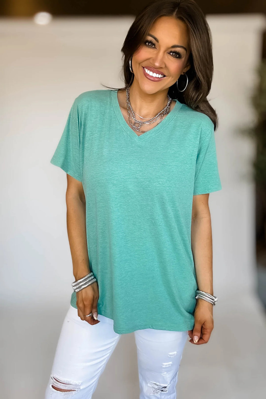Zen Cotton V Neck Tee (Heather Kelly Green)