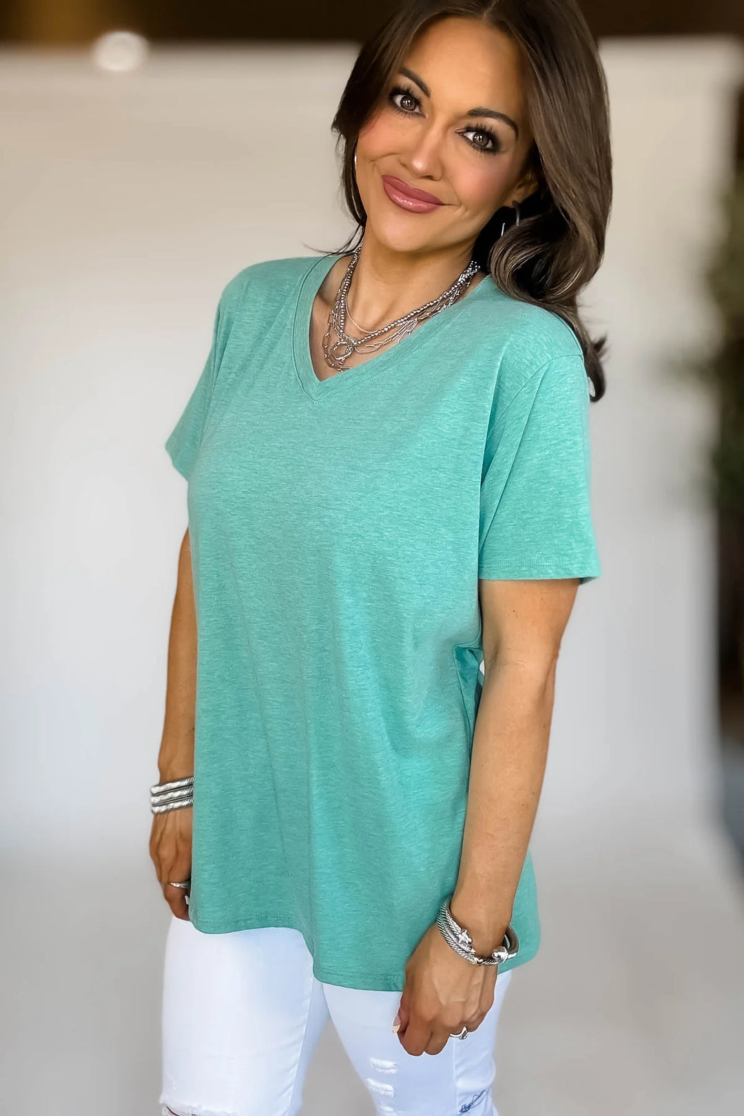 Zen Cotton V Neck Tee (Heather Kelly Green)