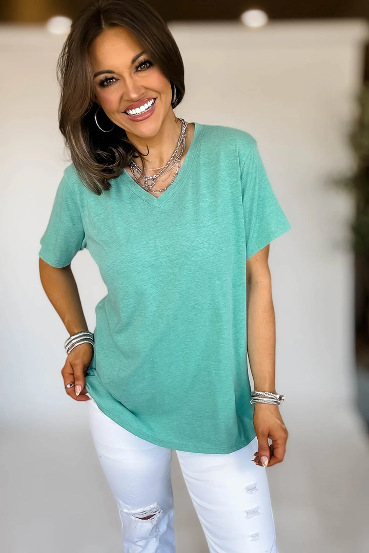 Zen Cotton V Neck Tee (Heather Kelly Green)
