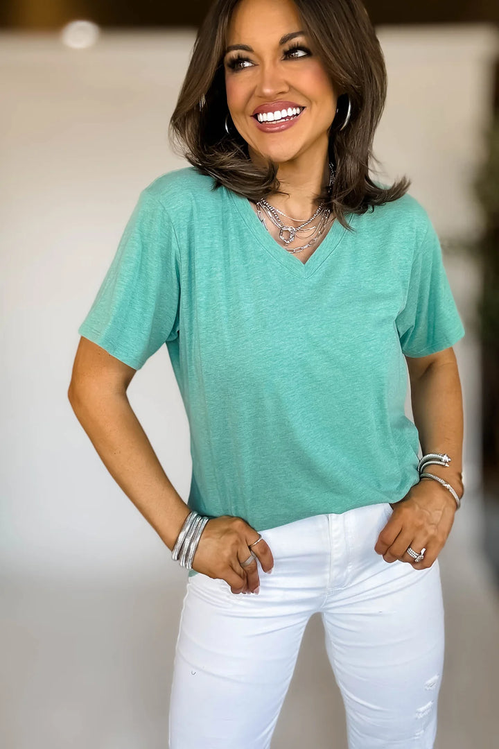 Zen Cotton V Neck Tee (Heather Kelly Green)