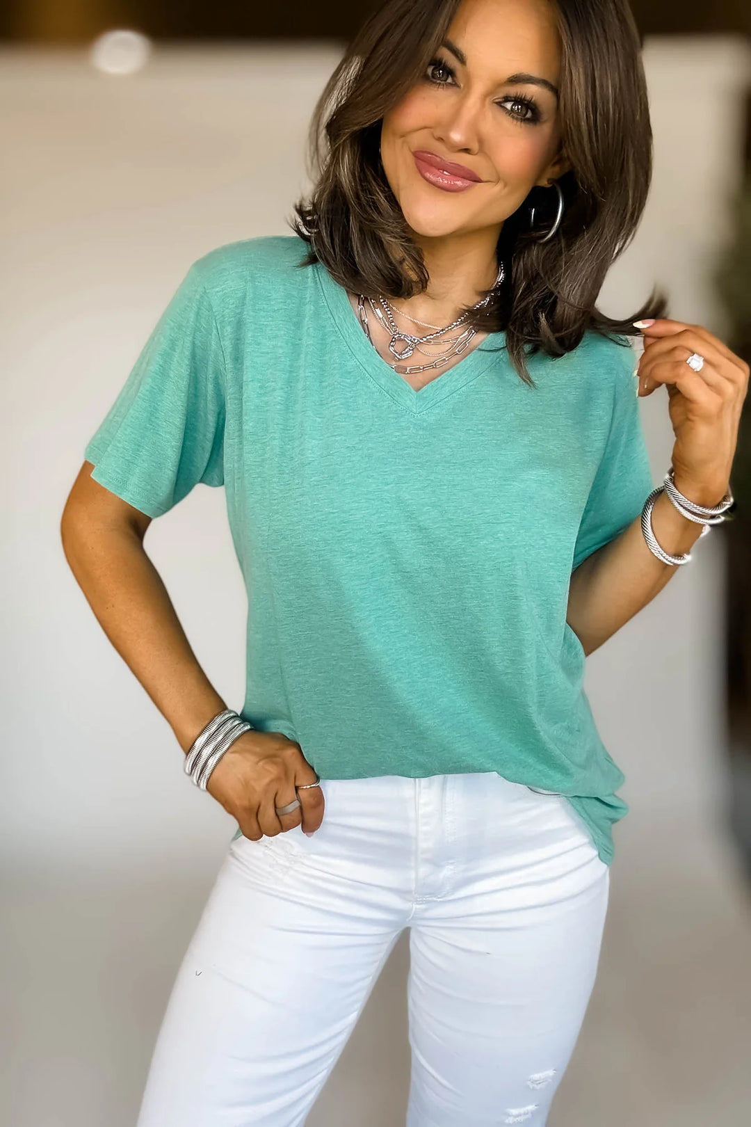 Zen Cotton V Neck Tee (Heather Kelly Green)