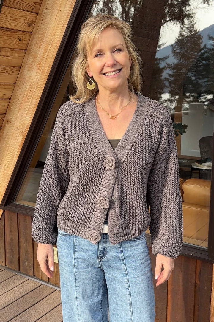 My Cozy Floral Button Chenille Cardigan (Charcoal)