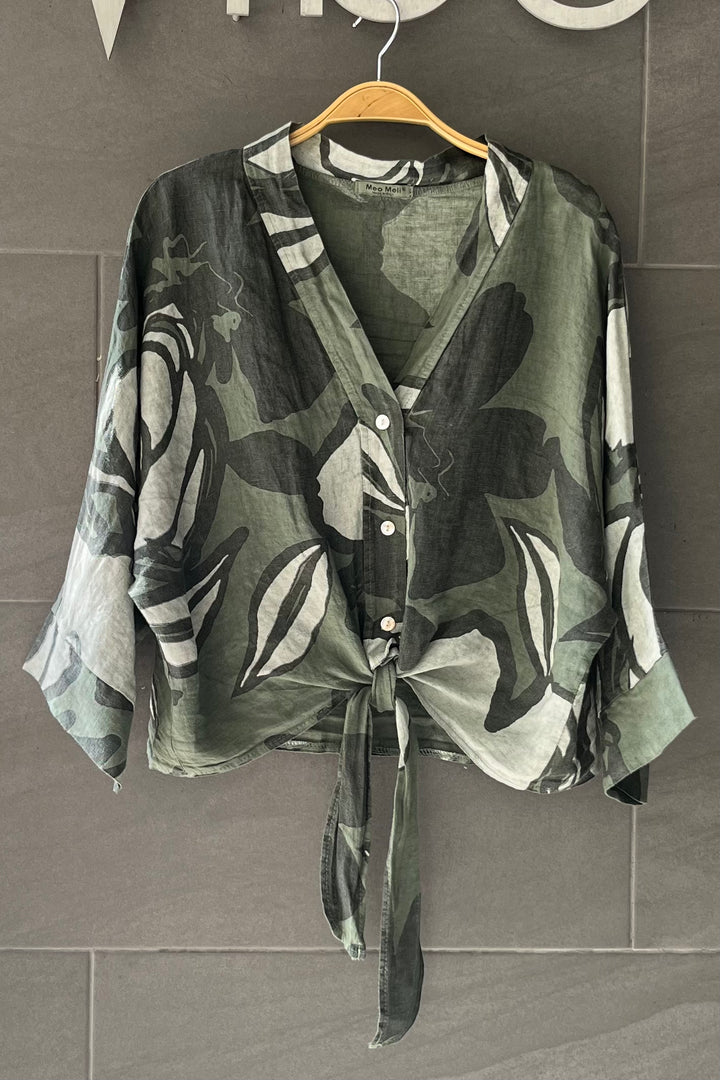 Meo Linen Foliage Tie Front Top (Olive)