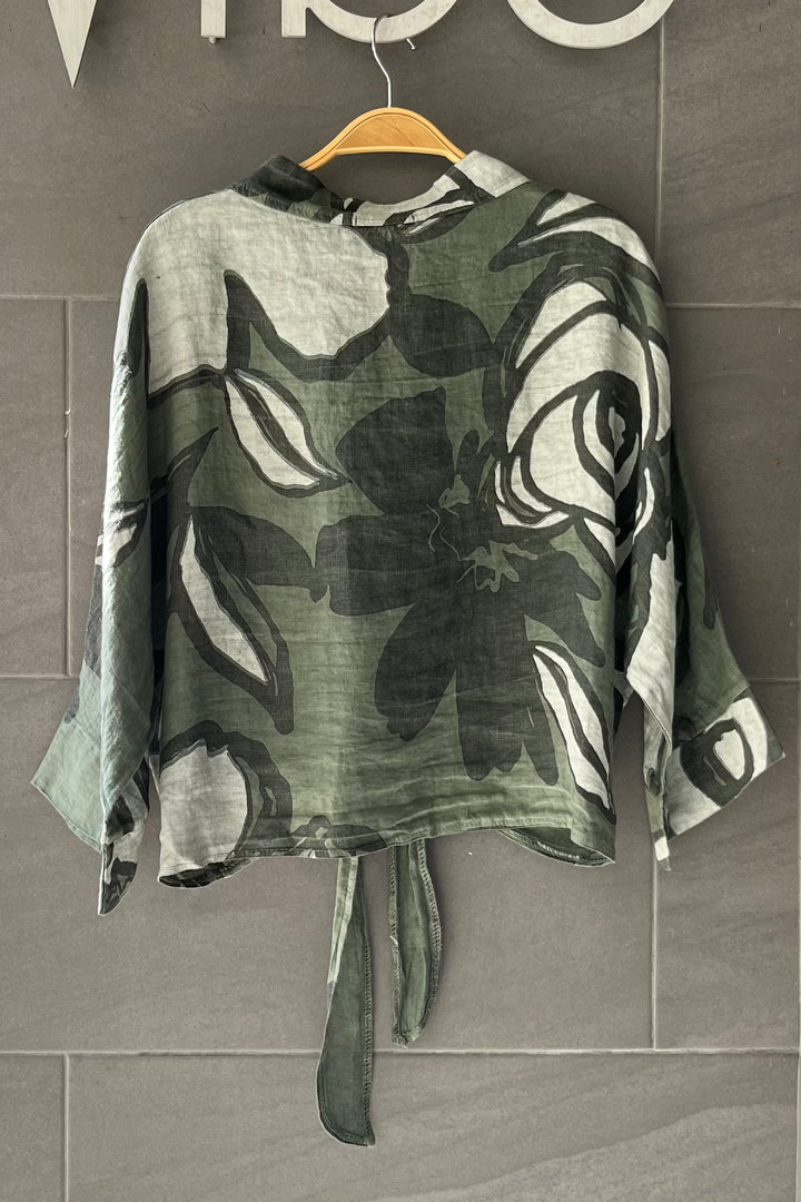 Meo Linen Foliage Tie Front Top (Olive)