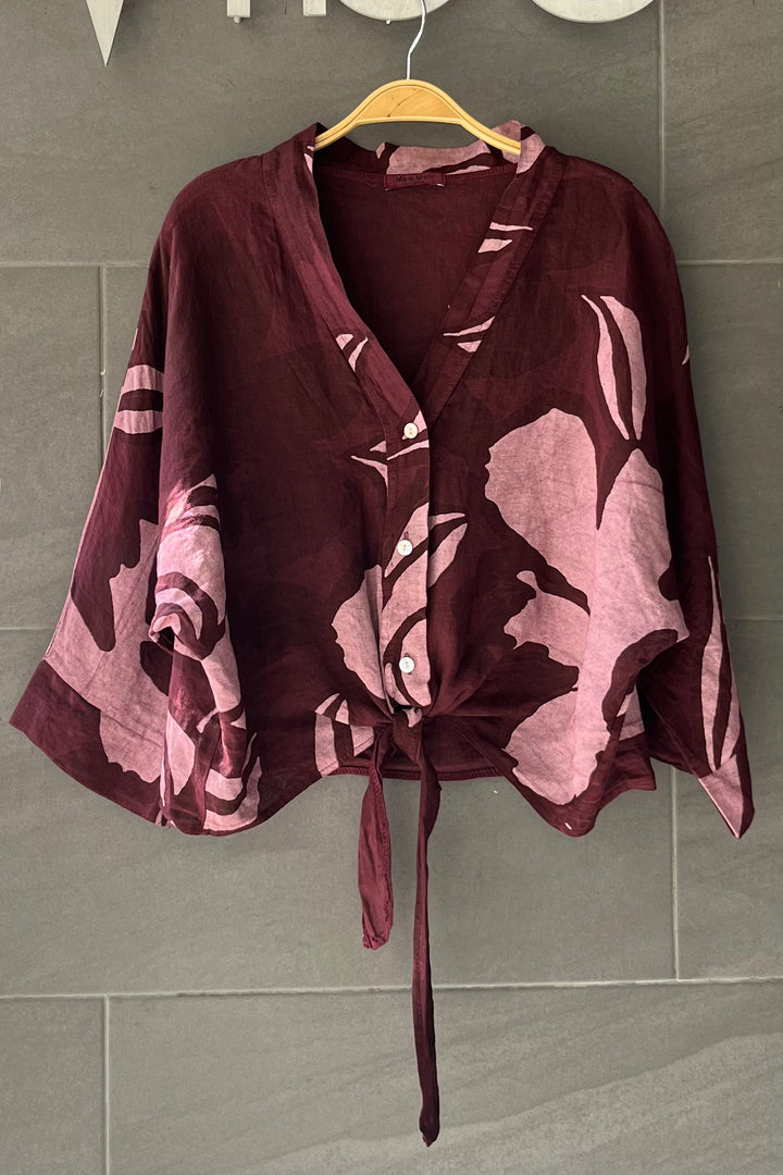 Meo Linen Foliage Tie Front Top (Burgundy)