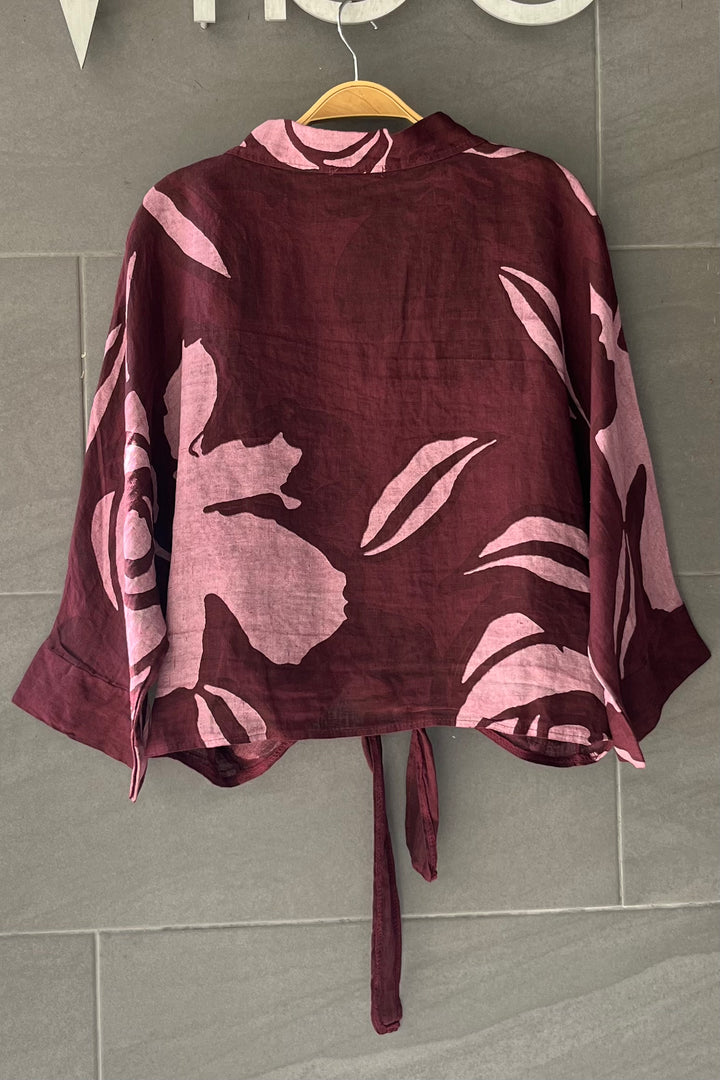 Meo Linen Foliage Tie Front Top (Burgundy)