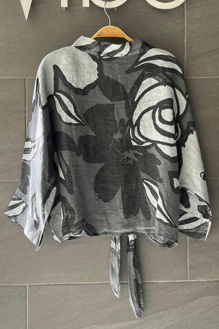 Meo Linen Foliage Tie Front Top (Charcoal)