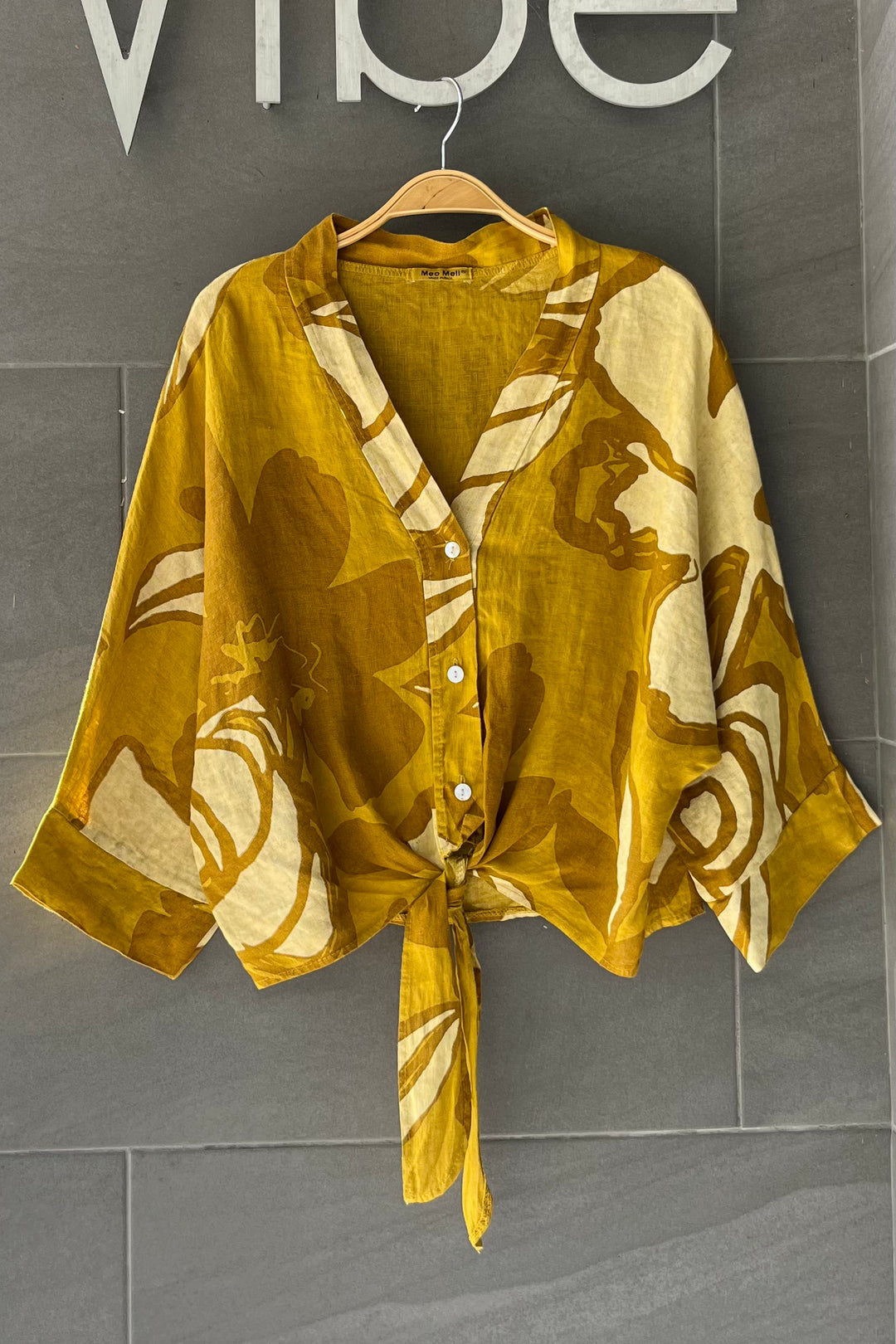 Meo Linen Foliage Tie Front Top (Gold)