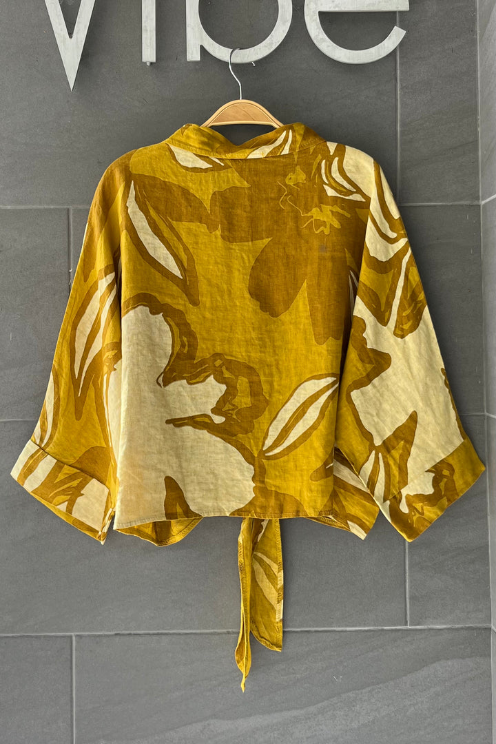Meo Linen Foliage Tie Front Top (Gold)