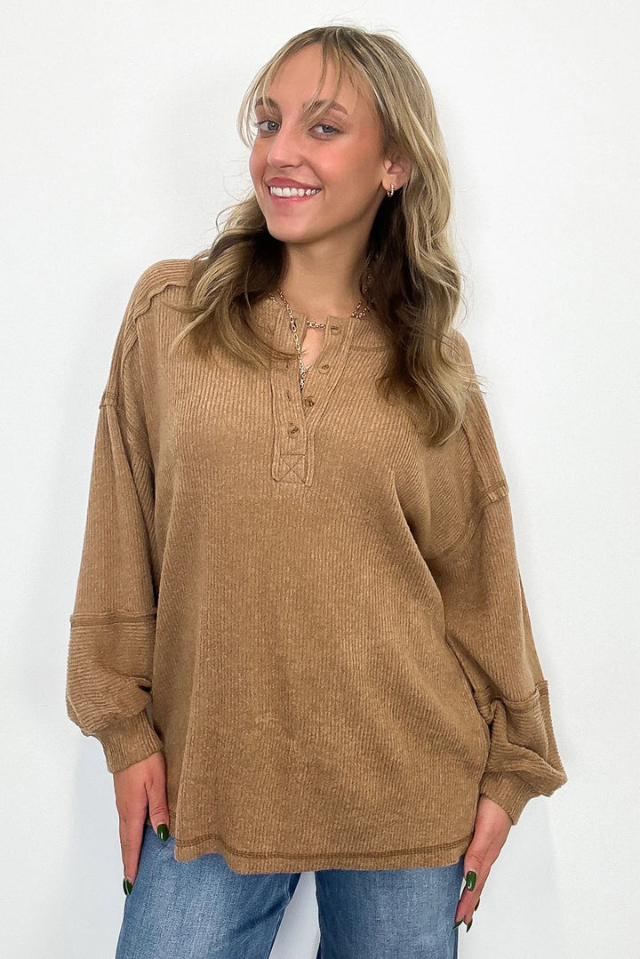 Zen Brushed Henley Sweater (Deep Camel)