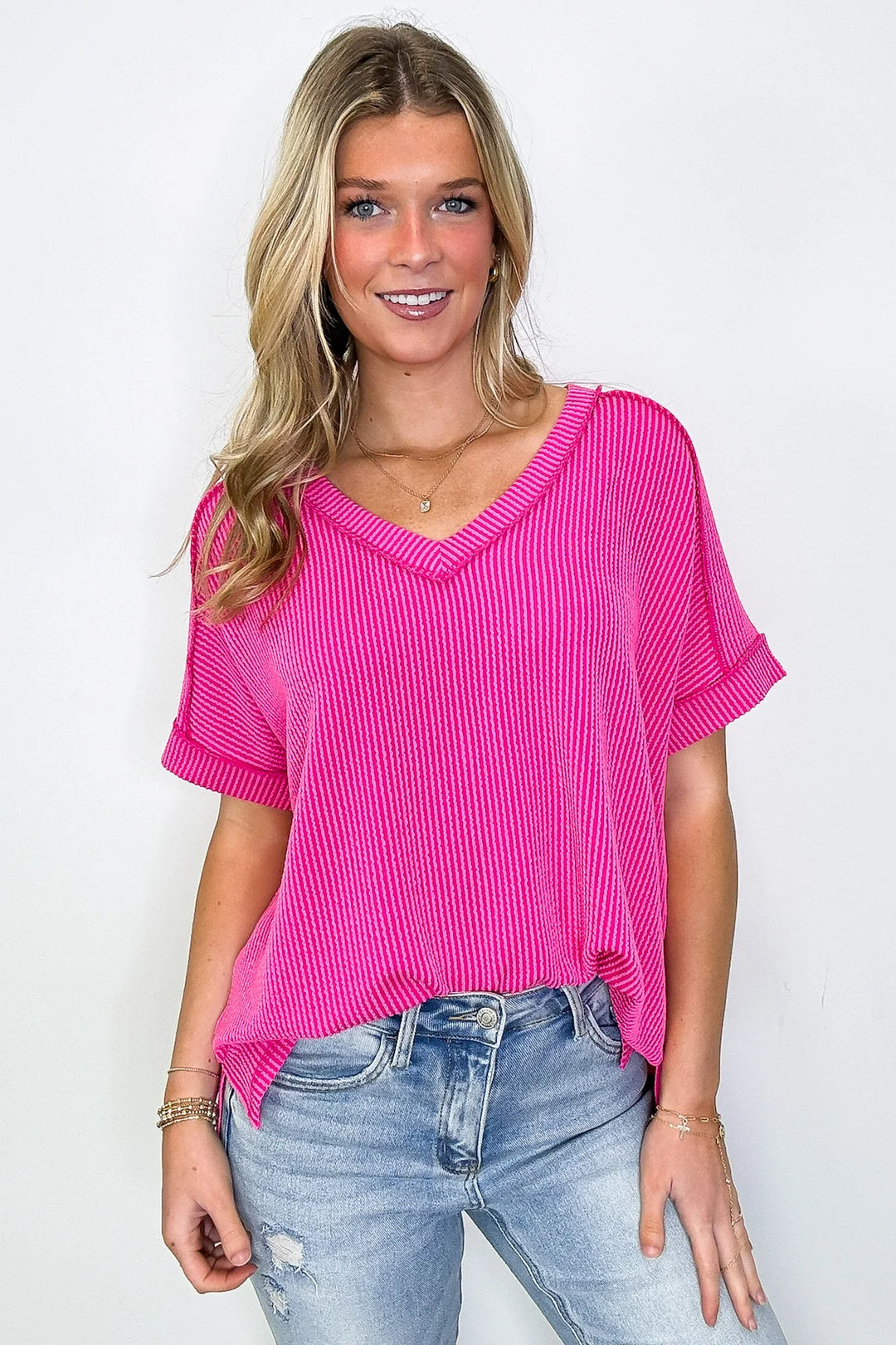 Zen Rib V Neck Hi-Low Tee (Hot Pink)