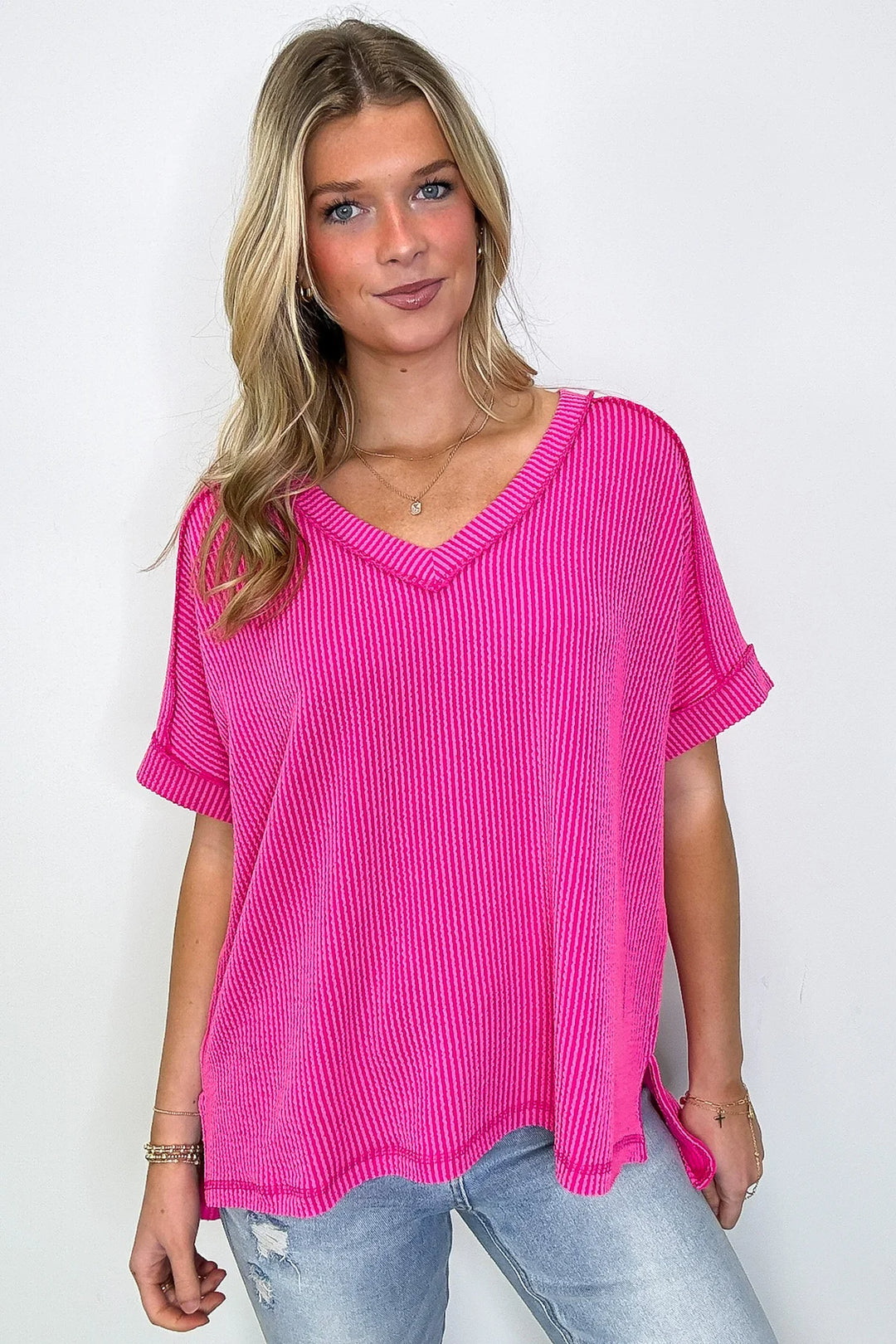 Zen Rib V Neck Hi-Low Tee (Hot Pink)