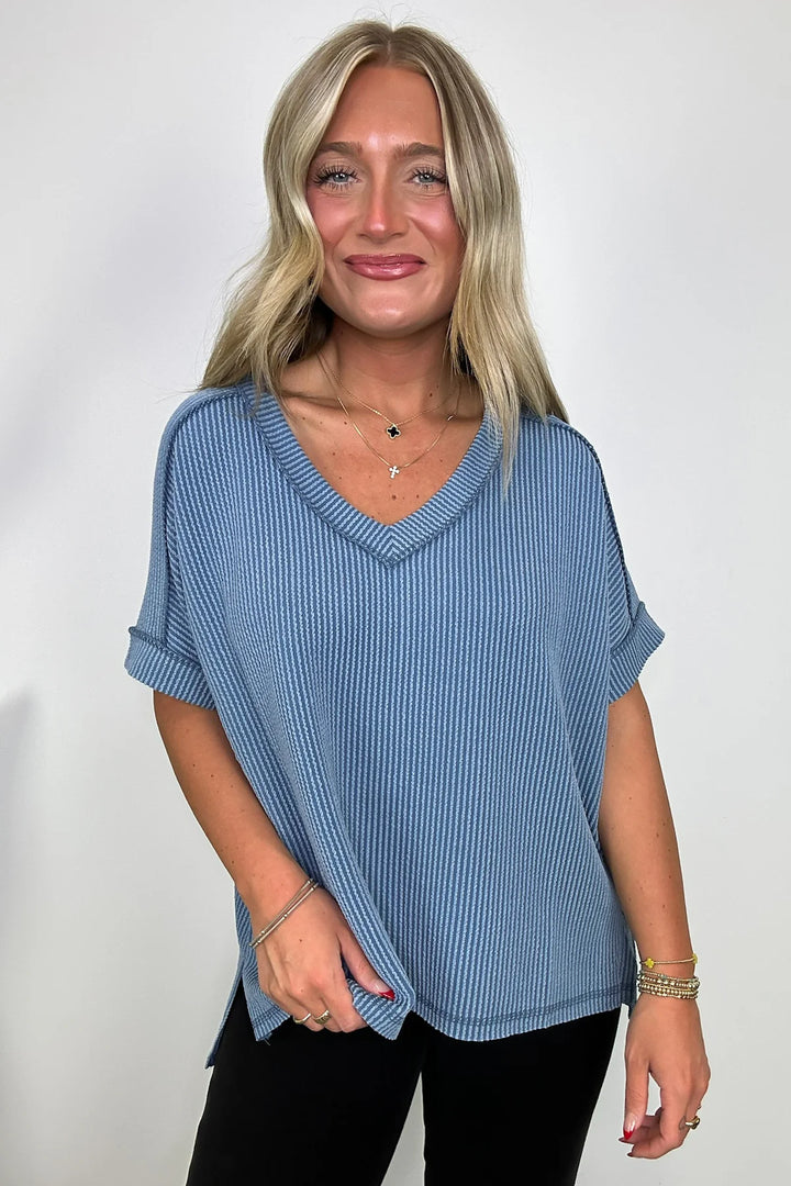 Zen Rib V Neck Hi-Low Tee (Dusty Blue)