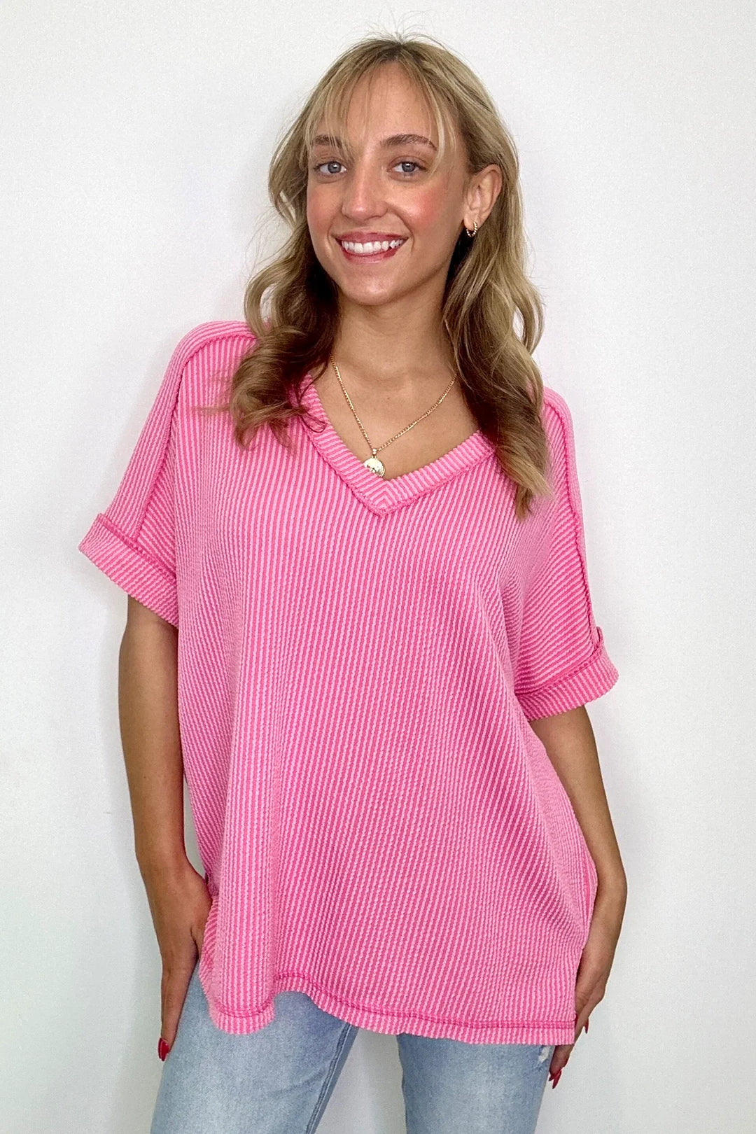 Zen Rib V Neck Hi-Low Tee (Bubblegum Pink)