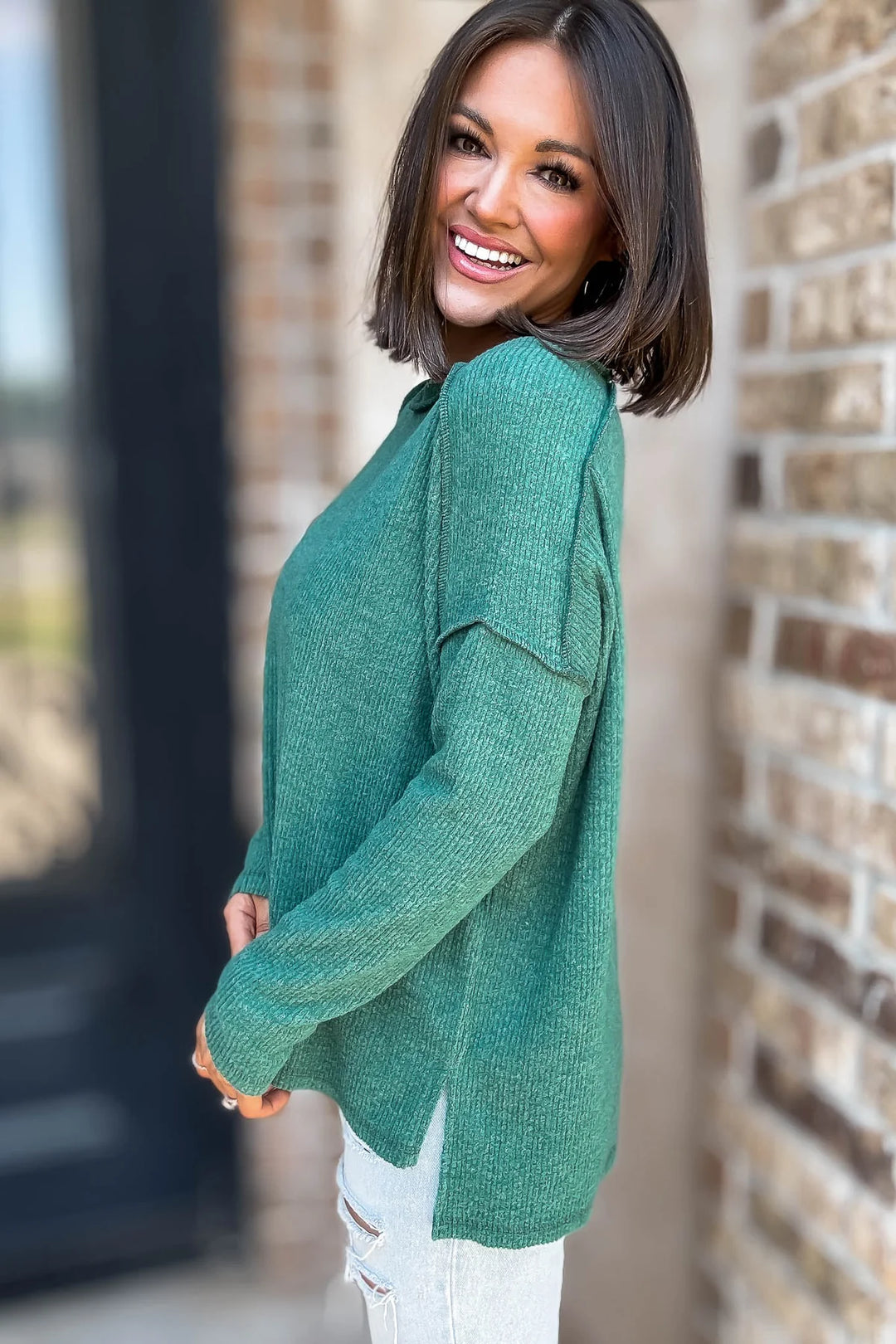 Zen Brushed High-Low Sweater (Dark Green)
