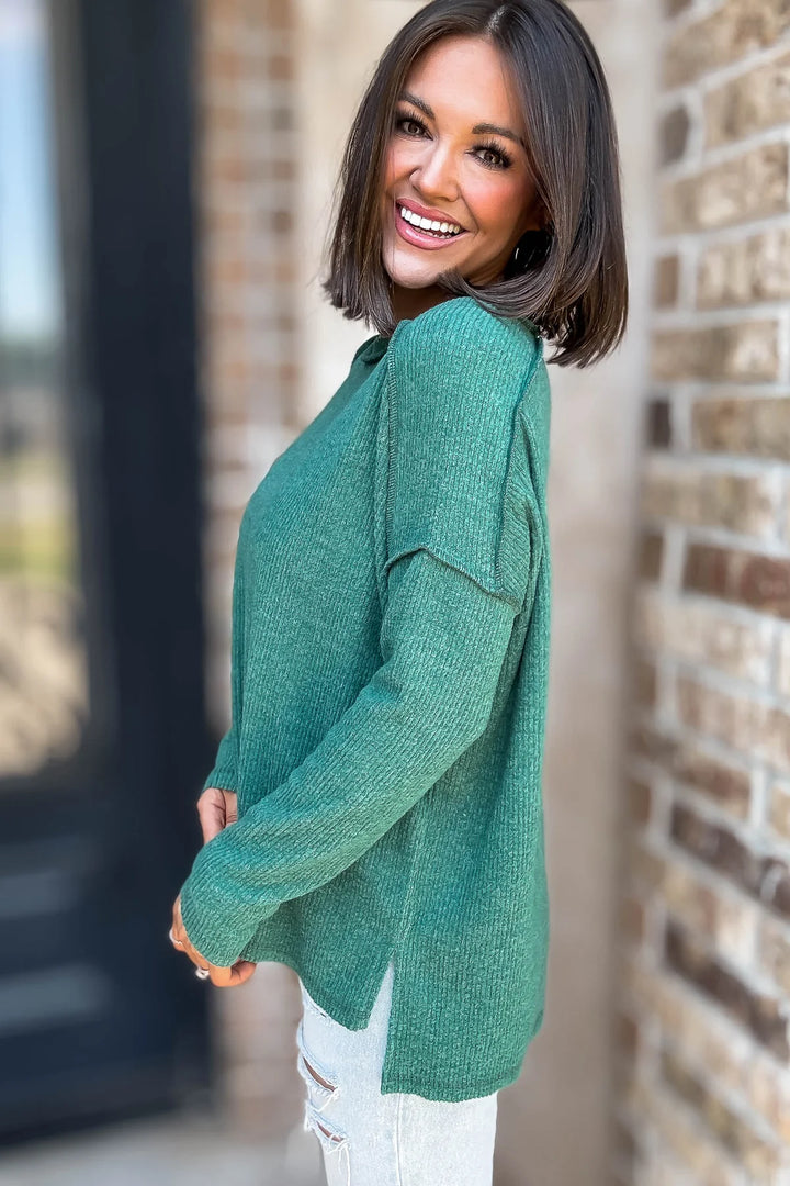 Zen Brushed High-Low Sweater (Dark Green)
