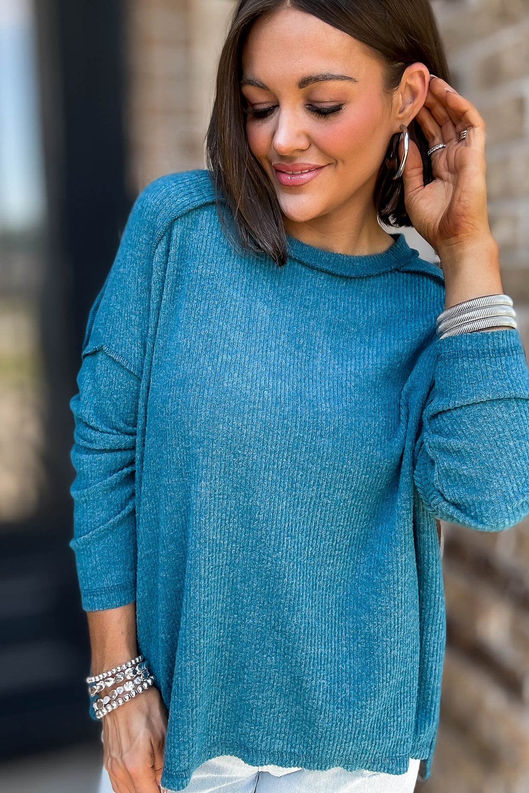 Zen Brushed High-Low Sweater (Teal)