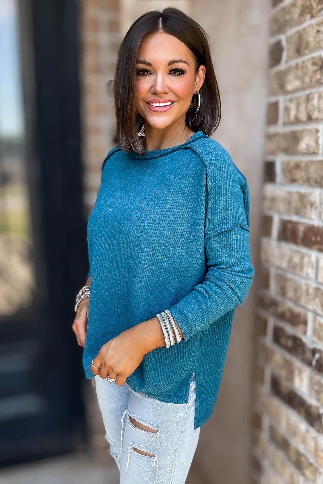 Zen Brushed High-Low Sweater (Teal)