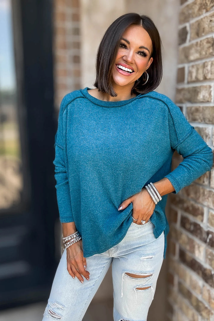 Zen Brushed High-Low Sweater (Teal)