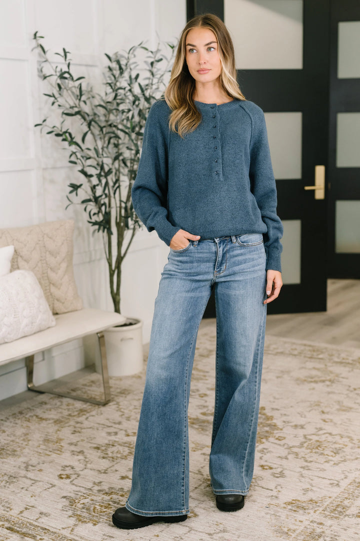 Zen Easy Fit Henley Sweater (Dusty Blue)