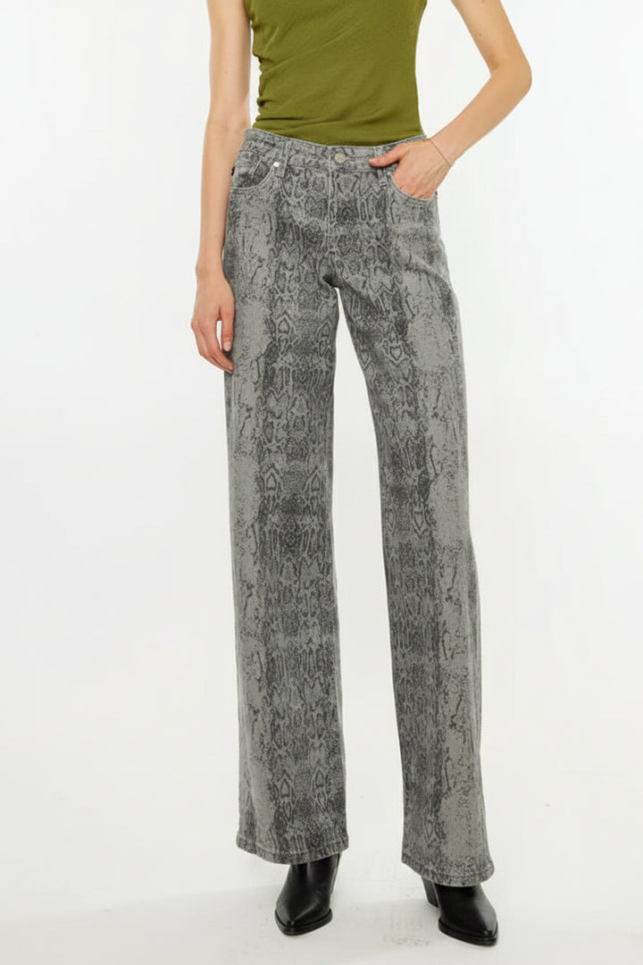 Kancan Snake Print Wide Leg Jean