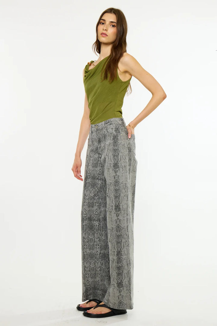 Kancan Snake Print Wide Leg Jean