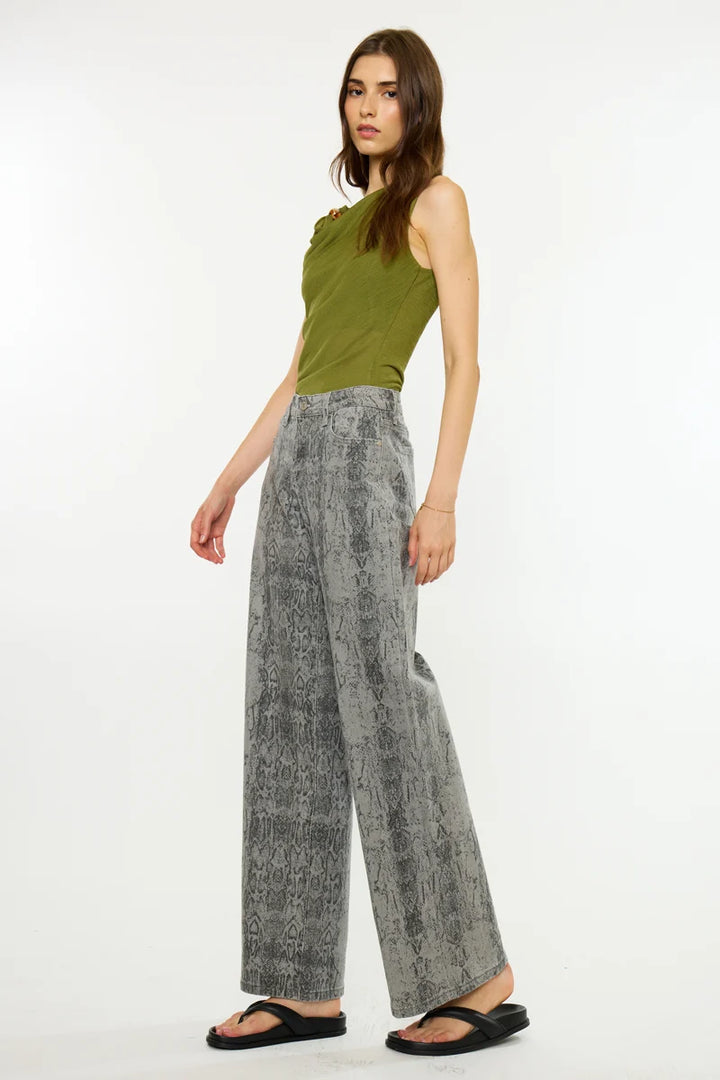 Kancan Snake Print Wide Leg Jean