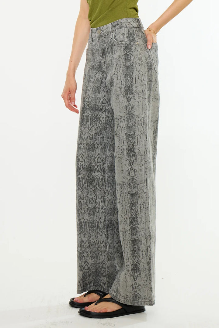 Kancan Snake Print Wide Leg Jean