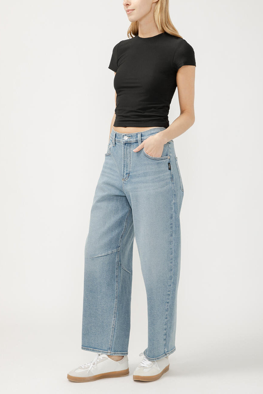 Silver High Rise Barrel Jean