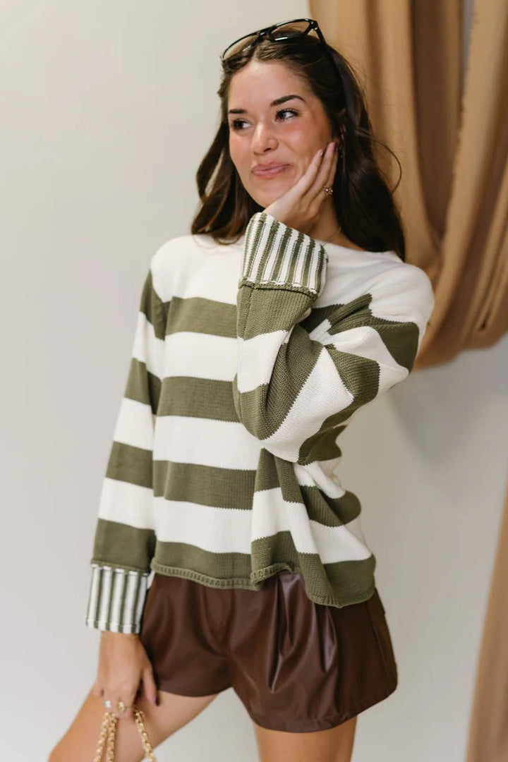 Zen Striped Cotton Sweater (Light Olive)