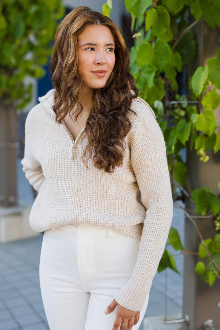 Zen Oxford Knit Zip Sweater (Sand Beige)