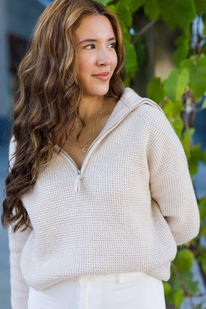 Zen Oxford Knit Zip Sweater (Sand Beige)