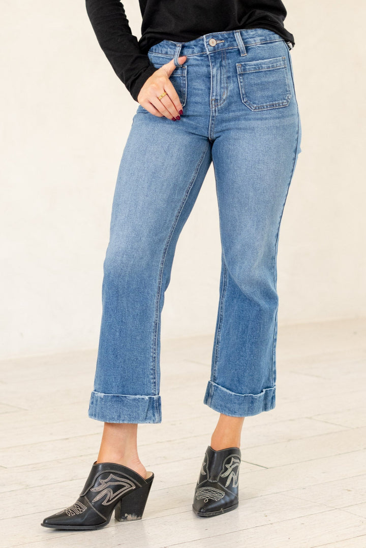 Kancan Angelina Crop Flare Jean (Mid Wash)