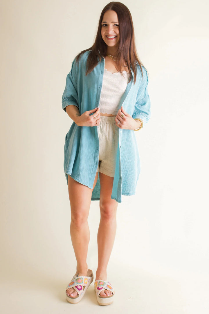 Zen Cotton Button Down Shirt Dress (Dusty Teal)