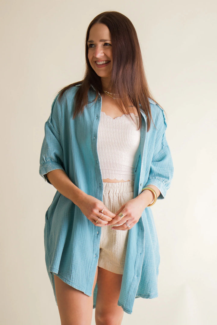 Zen Cotton Button Down Shirt Dress (Dusty Teal)